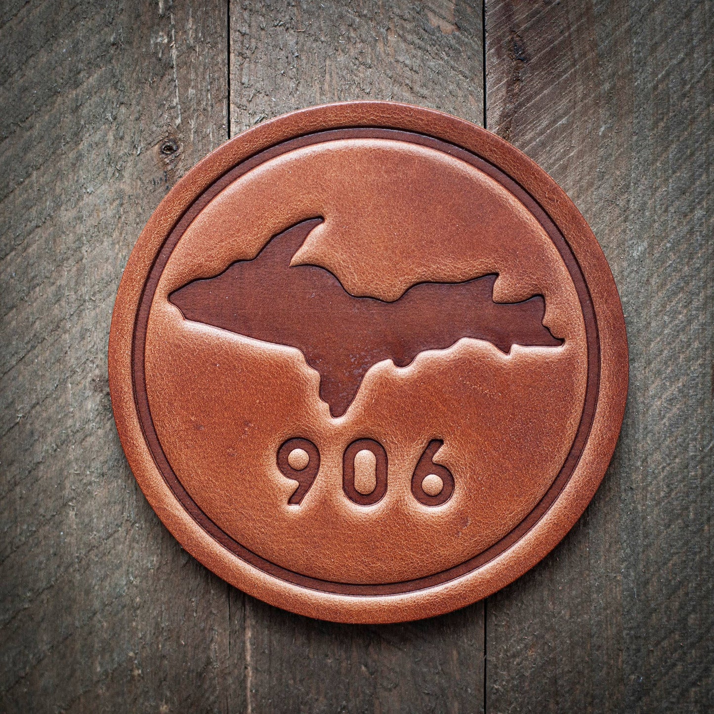 Upper Peninsula Michigan 906 Leather Coaster