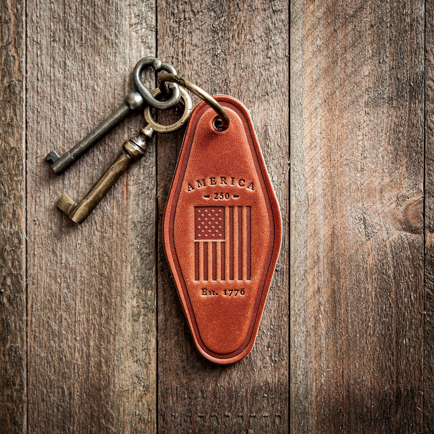 America 250th Anniversary Flag Leather Keychain Motel Style