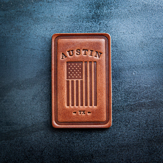 Austin Texas American Flag Leather Magnet Block Style