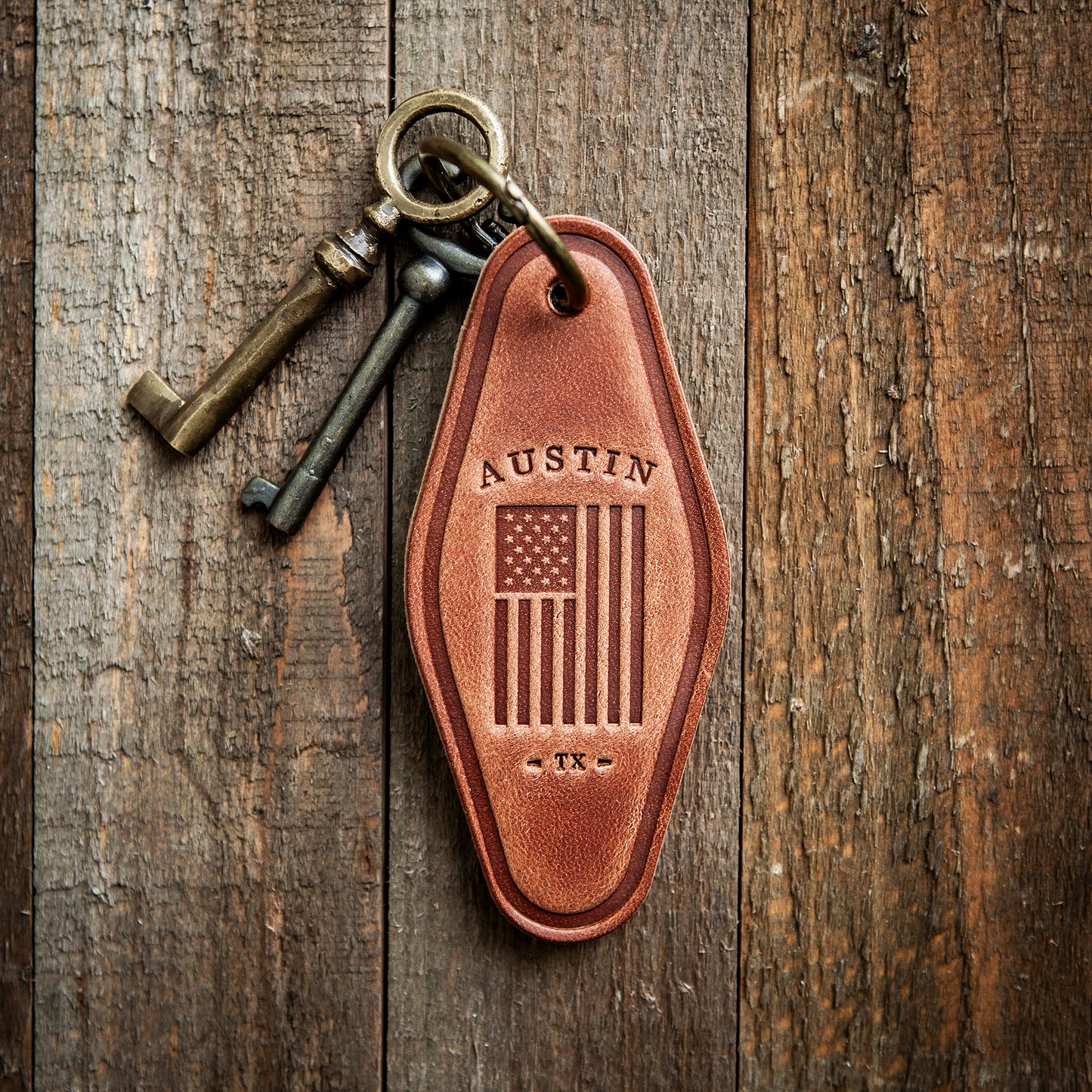 Austin Texas American Flag Leather Keychain Motel Style