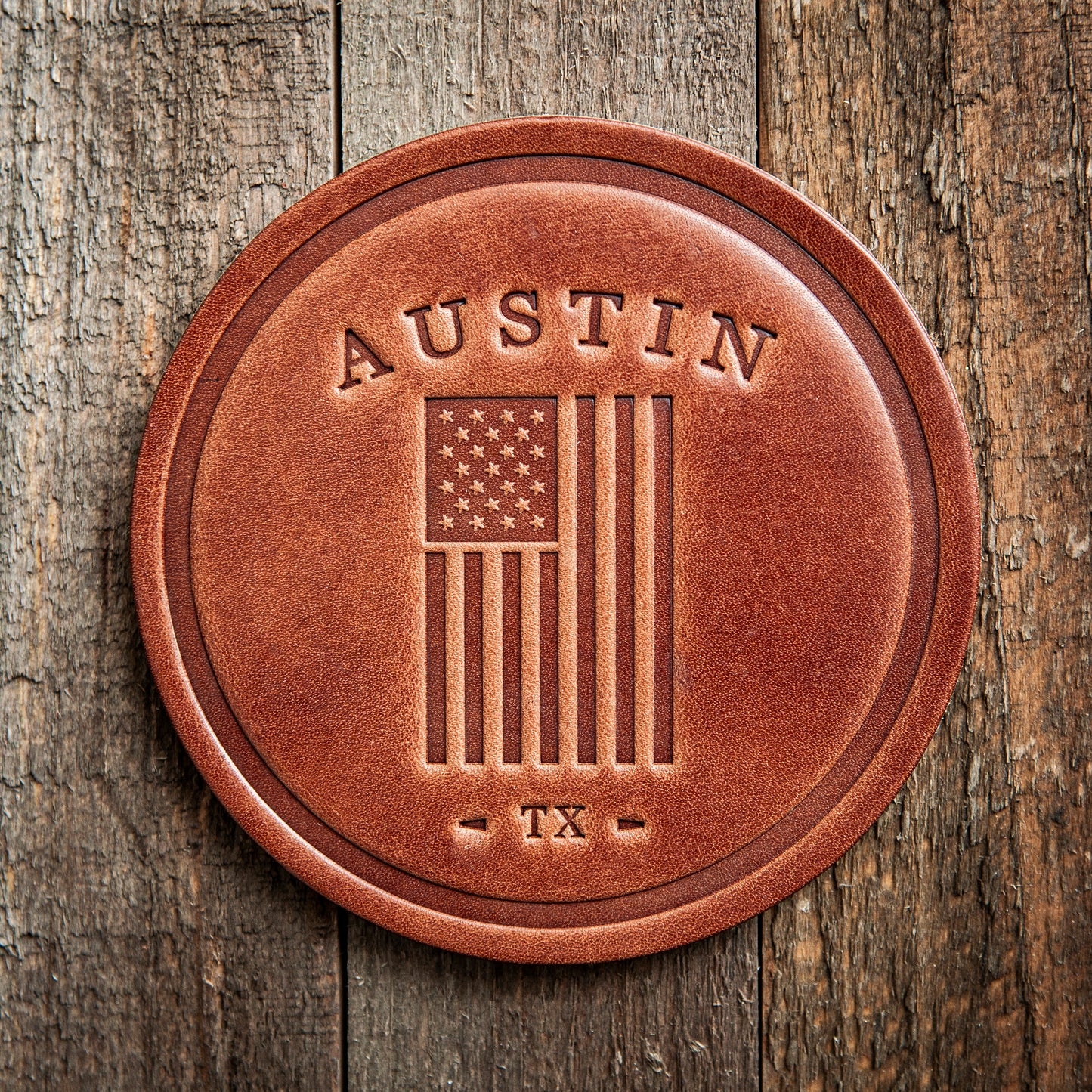 Austin Texas American Flag Leather Coaster