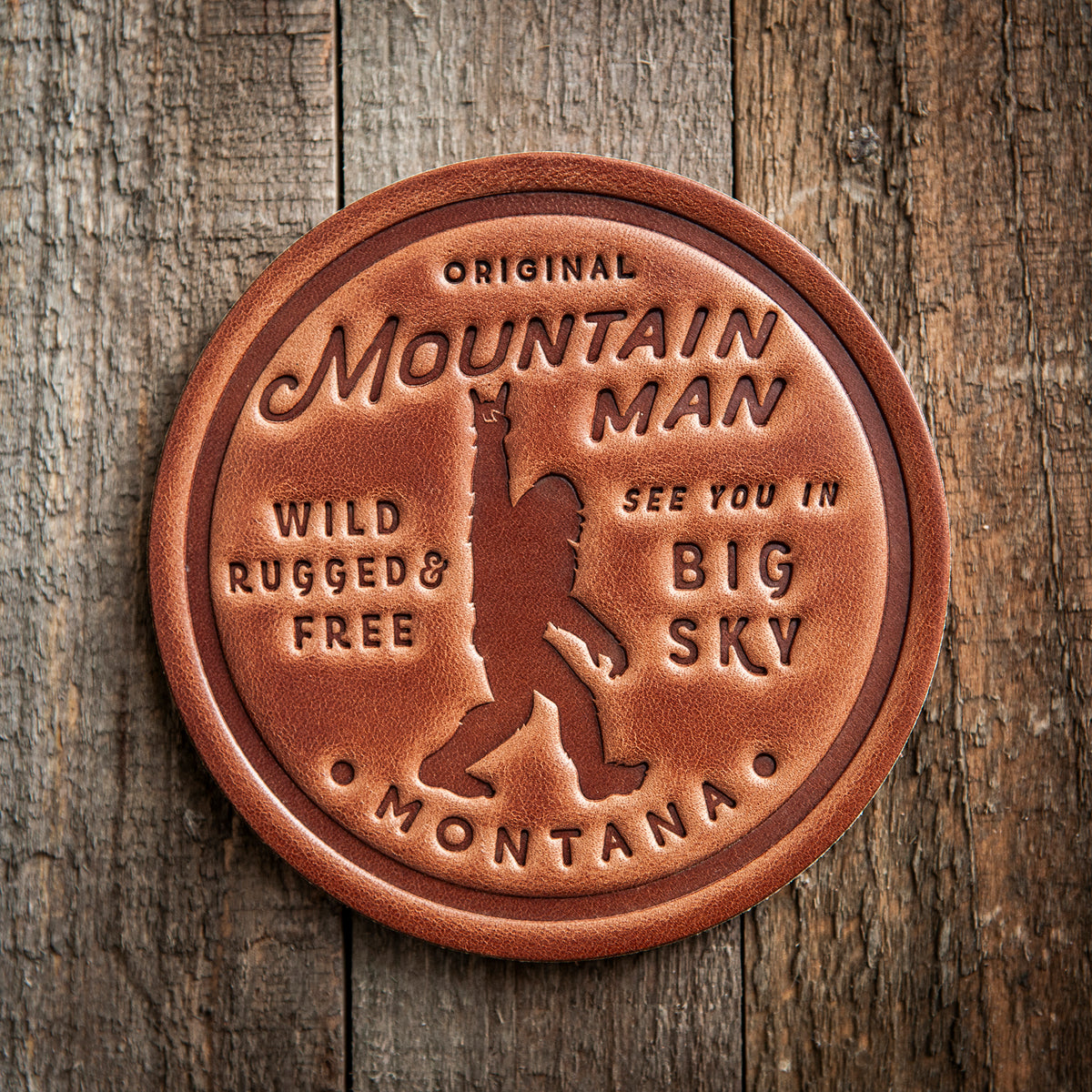 Big Sky Montana Mountain Man Big Foot Sasquatch Leather Coaster