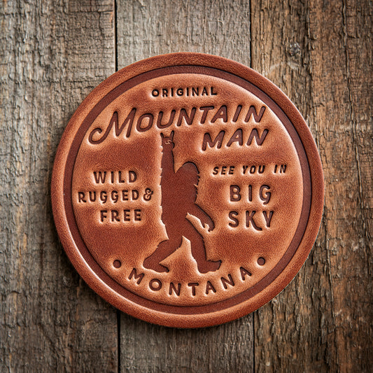 Big Sky Montana Mountain Man Big Foot Sasquatch Leather Coaster