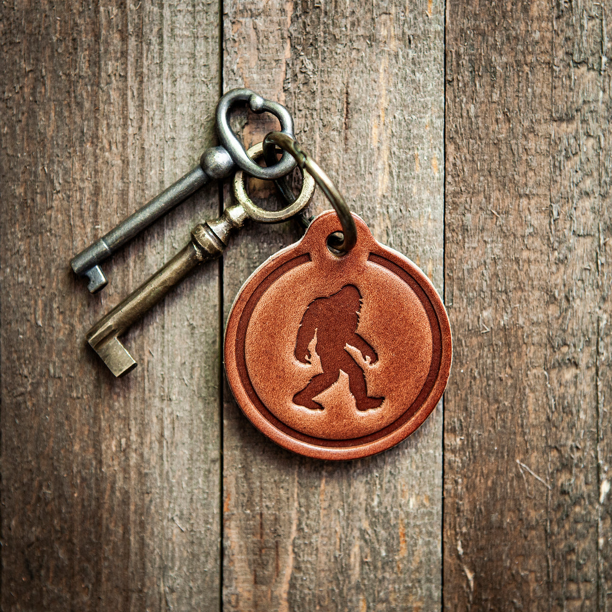 Big Foot Sasquatch Leather Keychain Circle Style