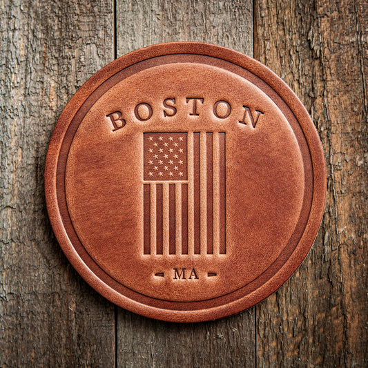 Boston Massachusetts American Flag Leather Coaster