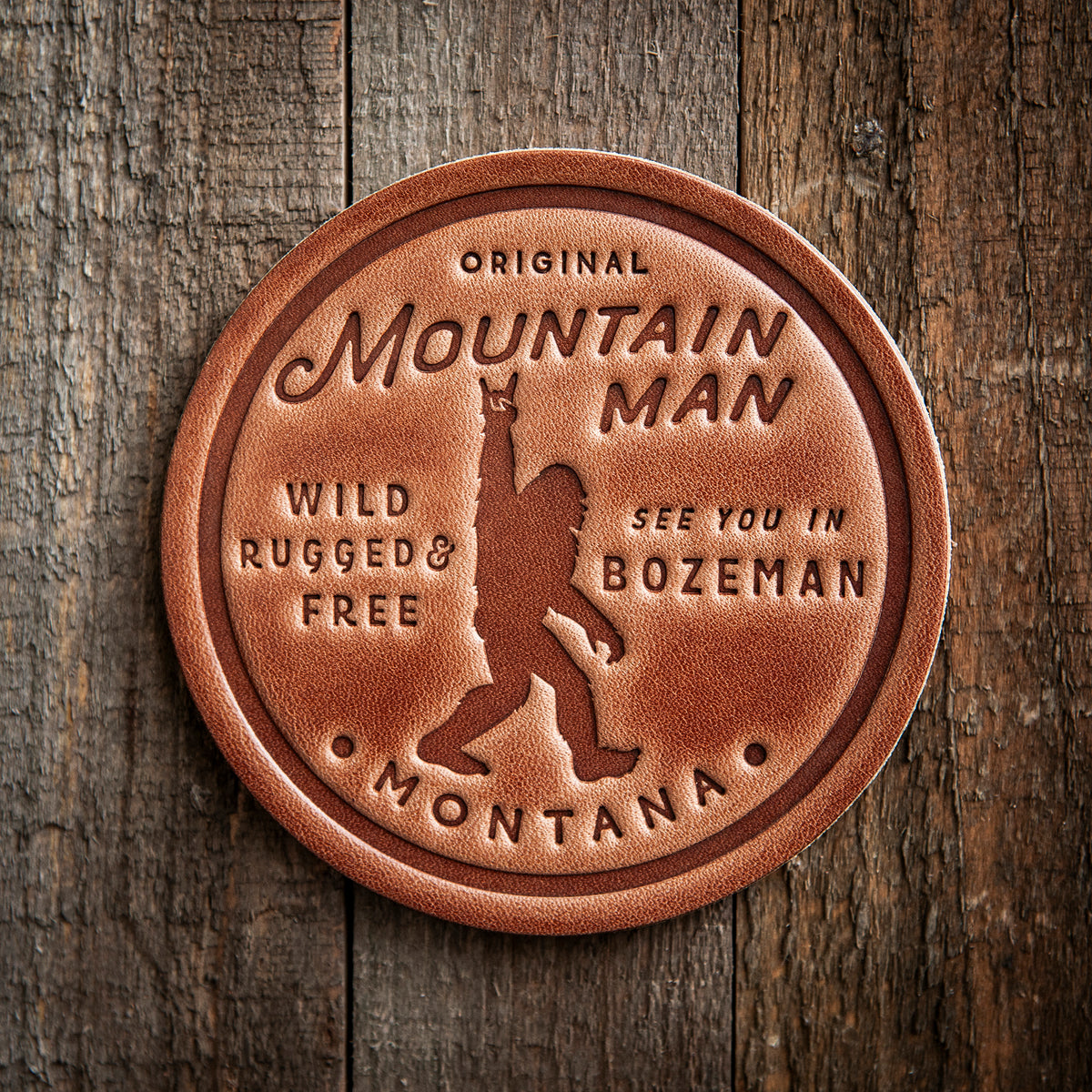 Bozeman Montana Mountain Man Big Foot Sasquatch Leather Coaster