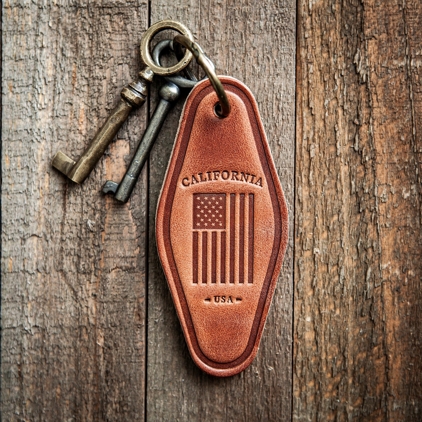 California American Flag Leather Keychain Motel Style