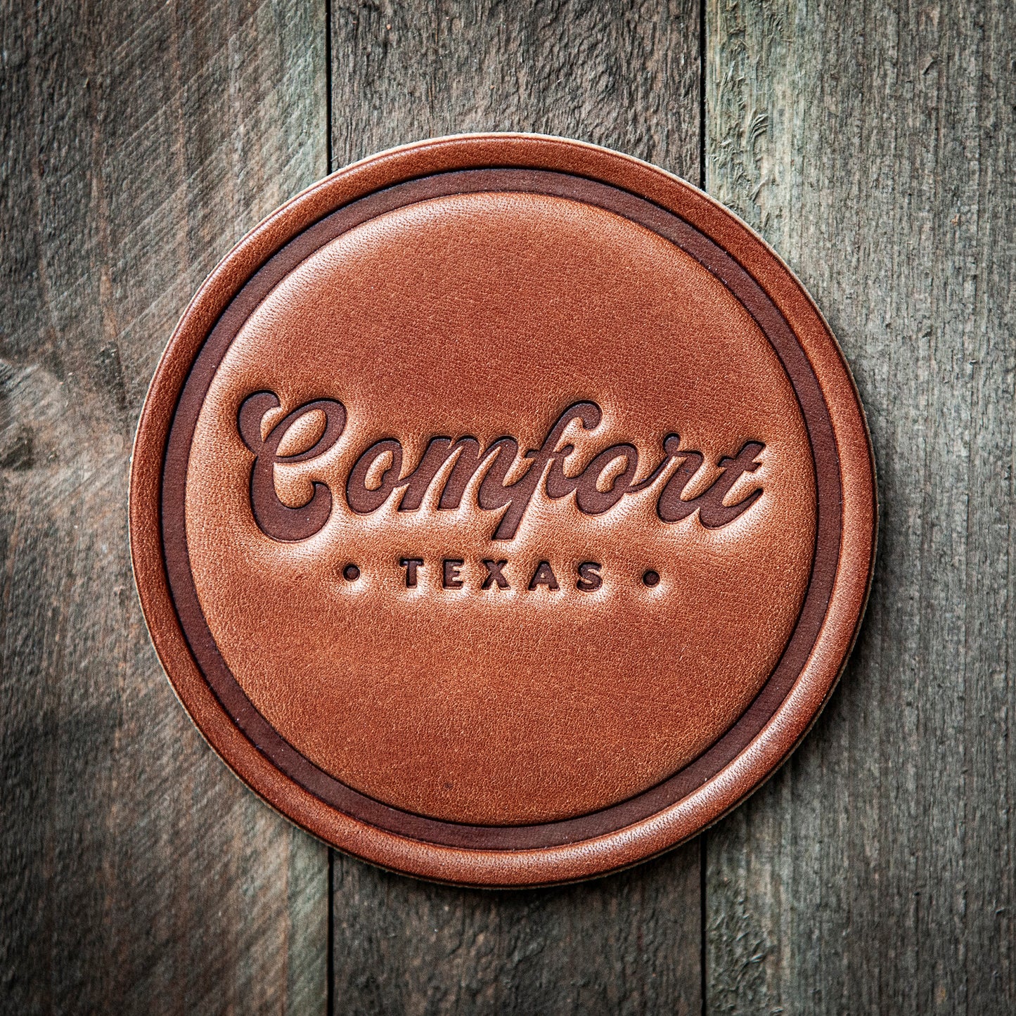 Comfort Texas Script Leather Coaster