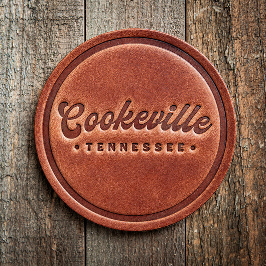 Cookeville Tennessee Script Leather Coaster