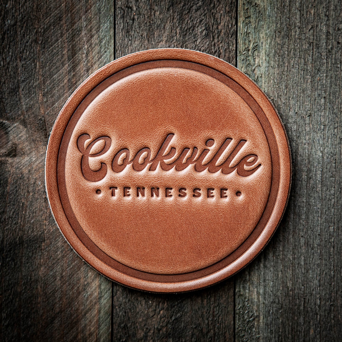 Cookeville Tennessee Script Leather Coaster