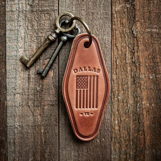 Dallas Texas American Flag Leather Keychain Motel Style