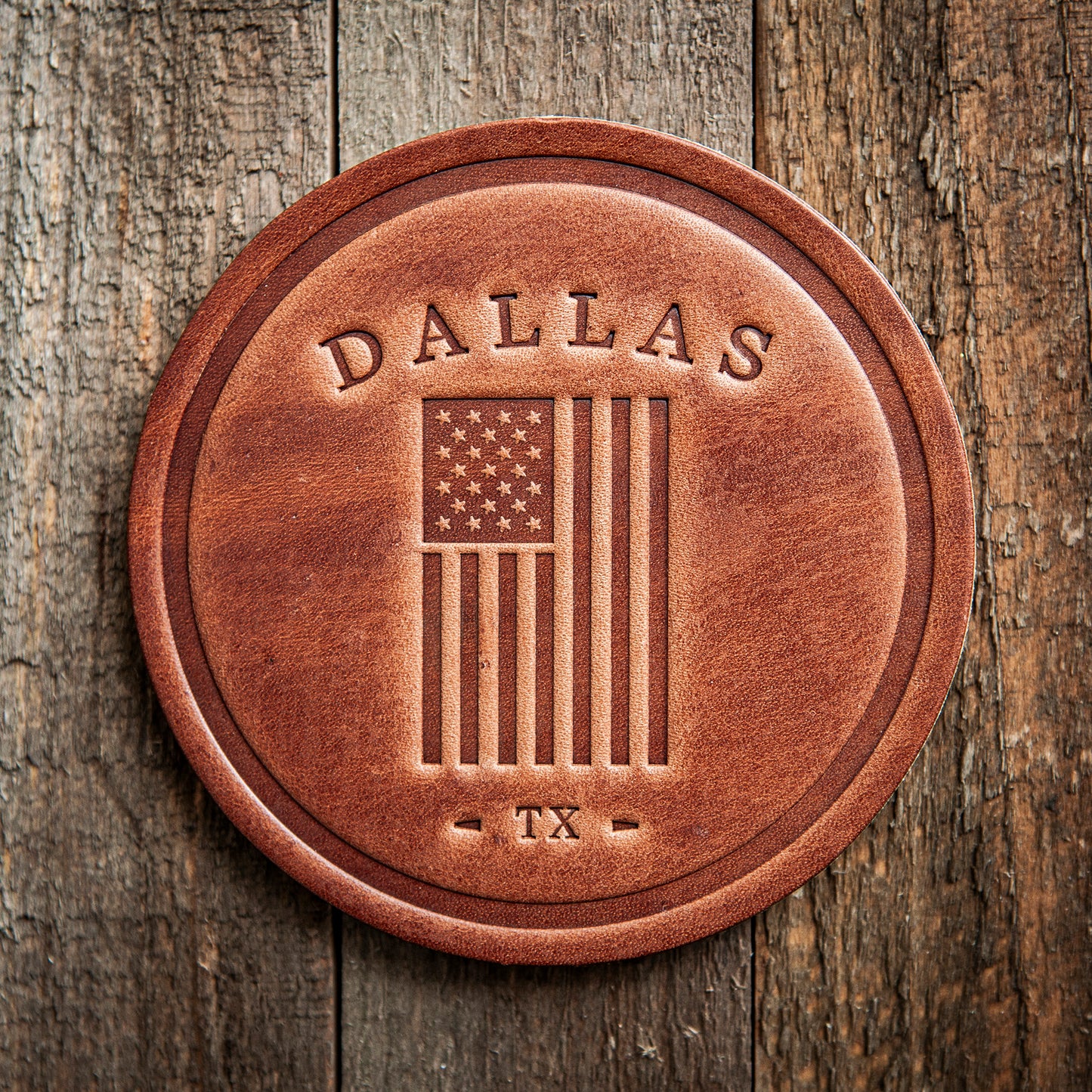 Dallas Texas American Flag Leather Coaster