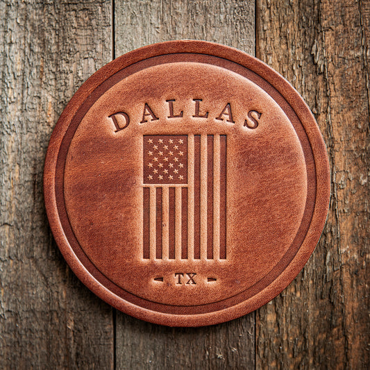 Dallas Texas American Flag Leather Coaster