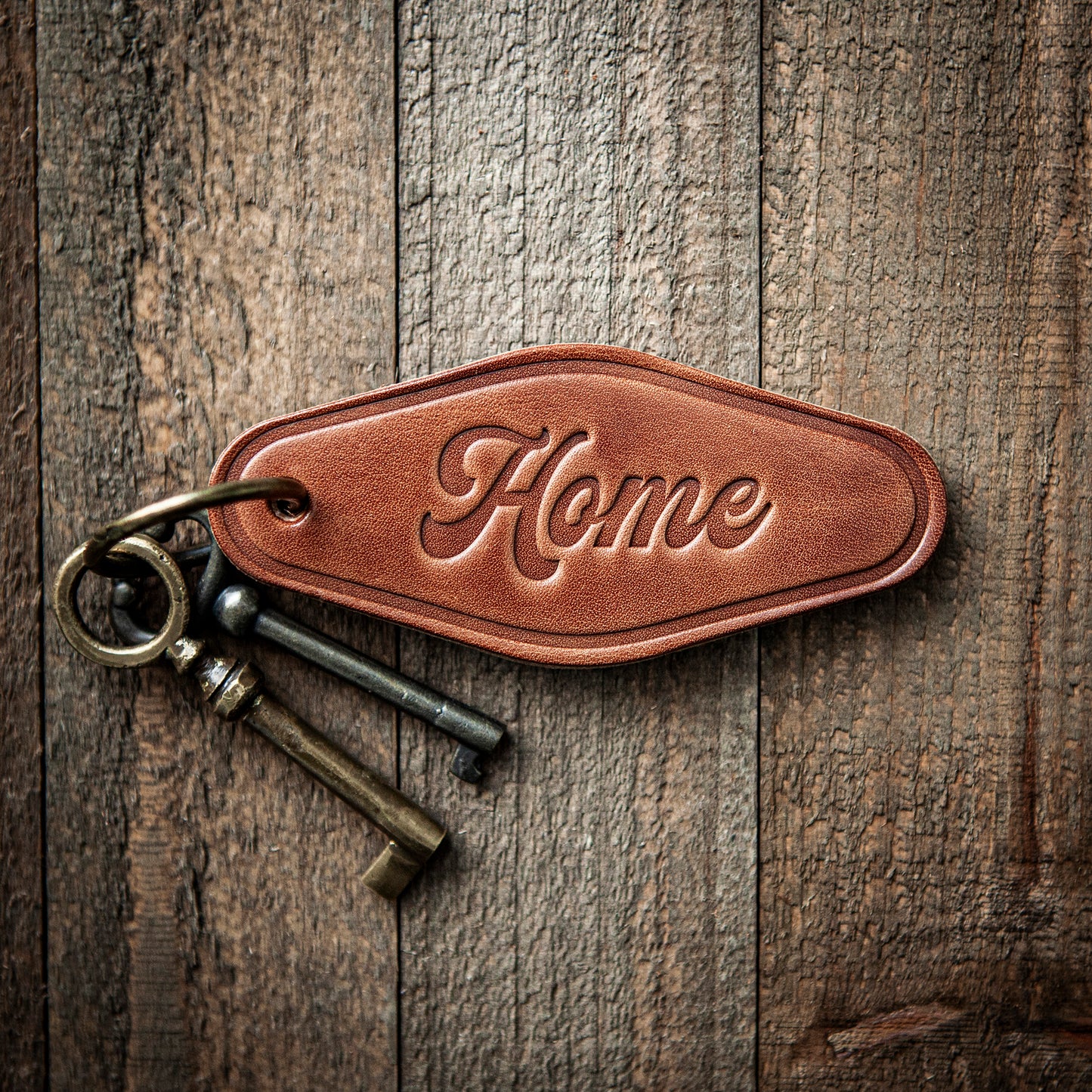 Home Script Leather Keychain Motel Style