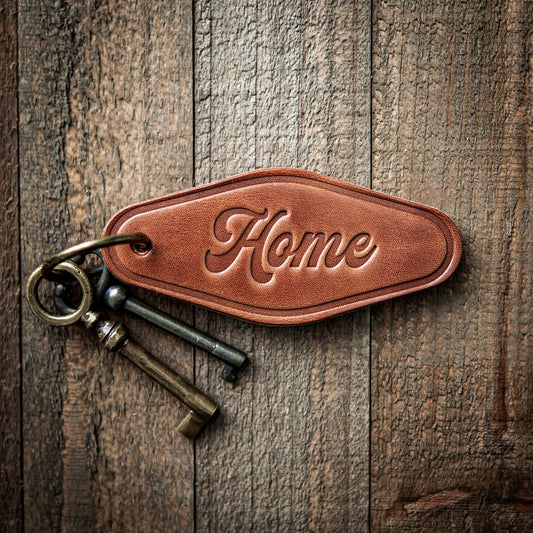 Home Script Leather Keychain Motel Style
