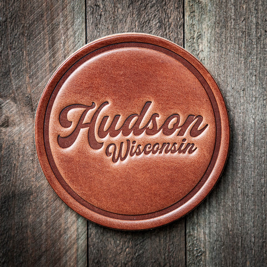 Hudson Wisconsin Script Leather Coaster
