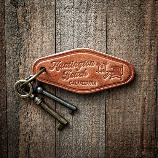 Huntington Beach California Leather Keychain Motel Style