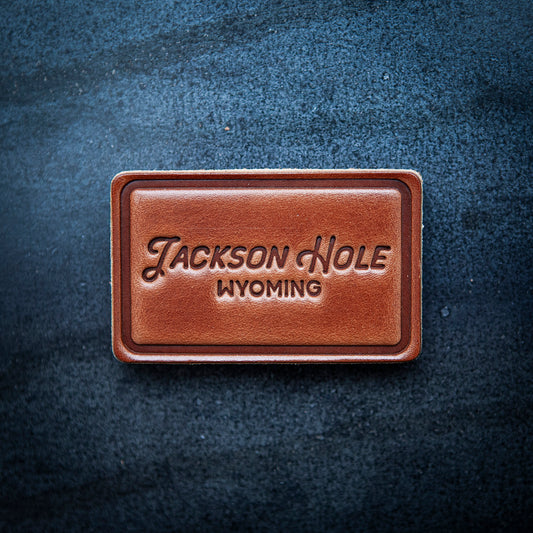 Jackson Hole Wyoming Script Leather Magnet Block Style