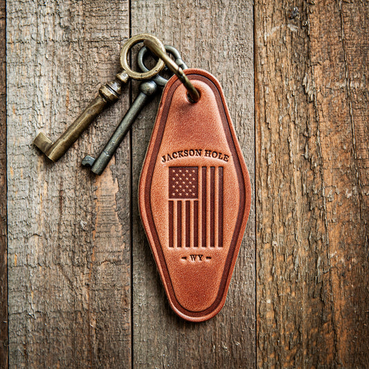 Jackson Hole Wyoming American Flag Leather Keychain Motel Style