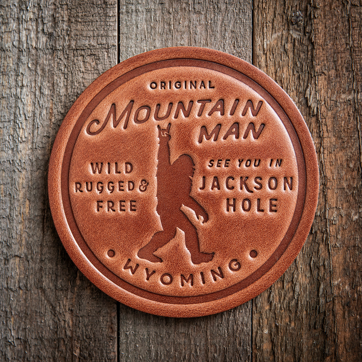 Jackson Hole Wyoming Mountain Man Big Foot Sasquatch Leather Coaster