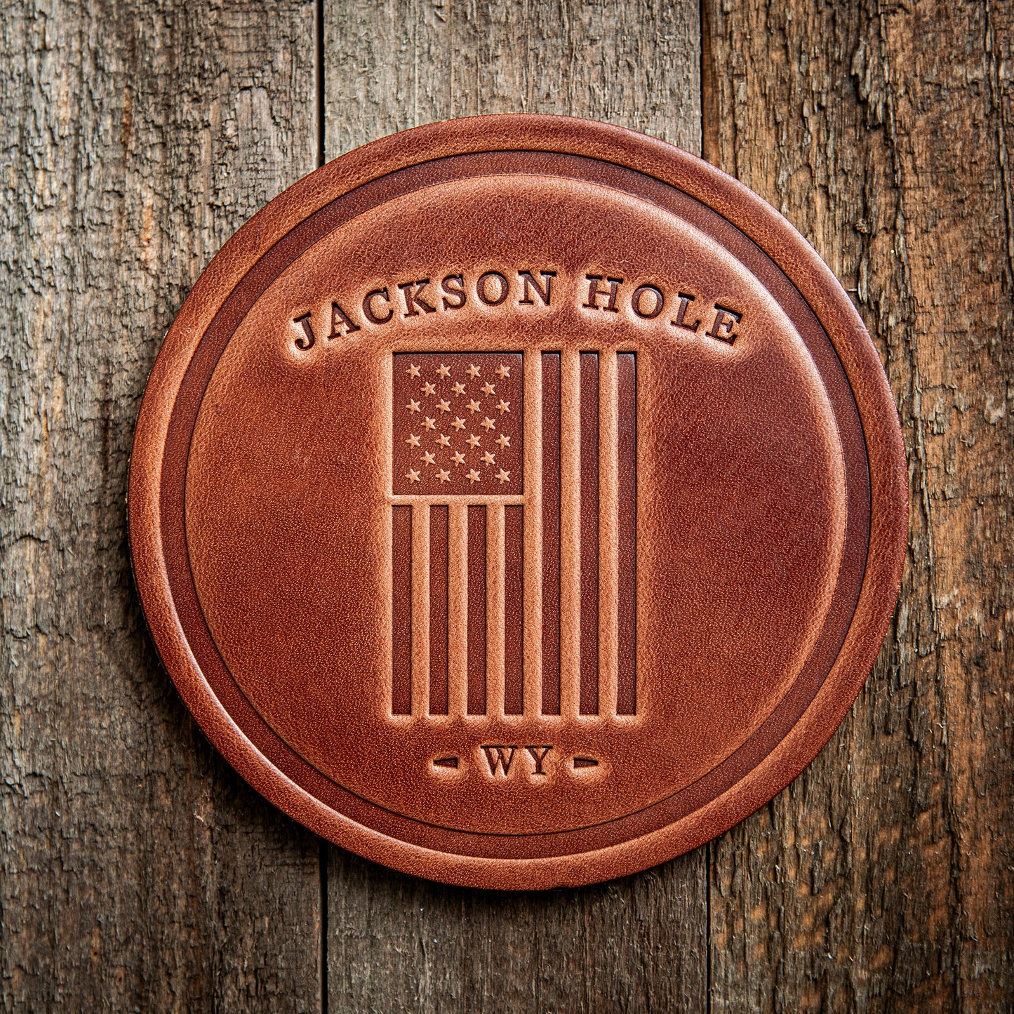 Jackson Hole Wyoming American Flag Leather Coaster