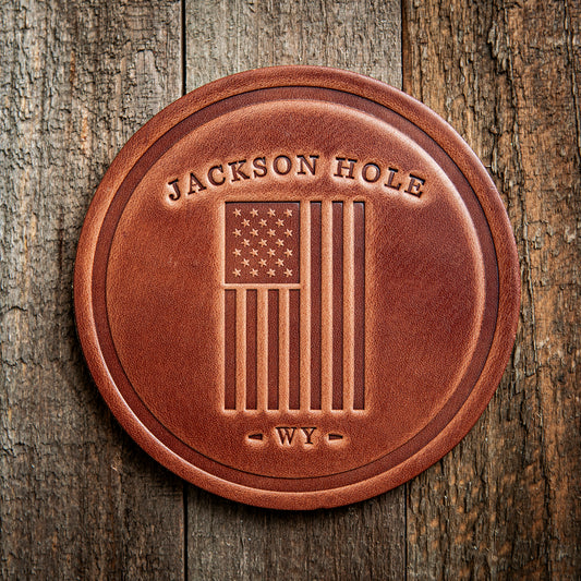 Jackson Hole Wyoming American Flag Leather Coaster