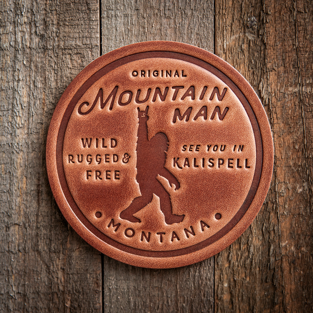 Kalispell Montana Mountain Man Big Foot Sasquatch Leather Coaster