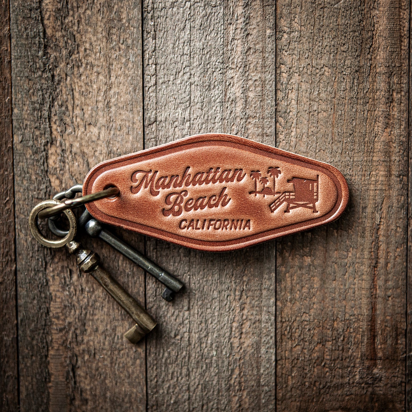 Manhattan Beach California Leather Keychain Motel Style