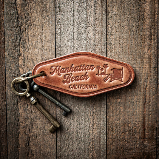 Manhattan Beach California Leather Keychain Motel Style