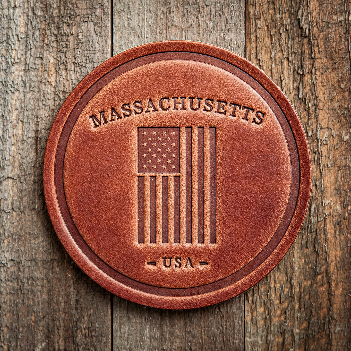 Massachusetts American Flag Leather Coaster