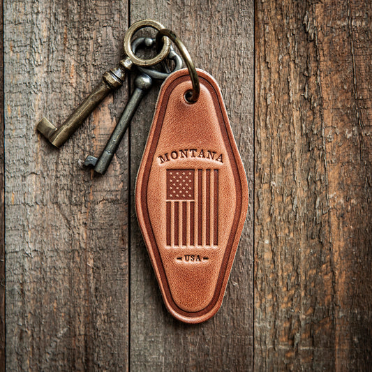Montana American Flag Leather Keychain Motel Style