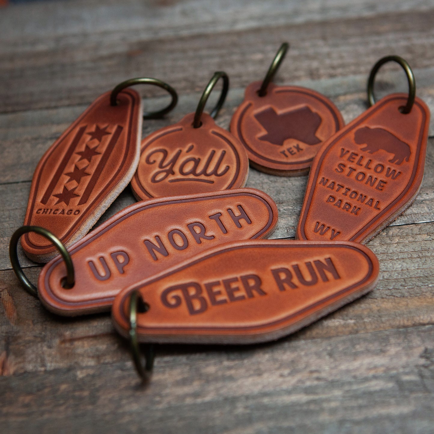 Hudson Wisconsin Script Leather Keychain Motel Style