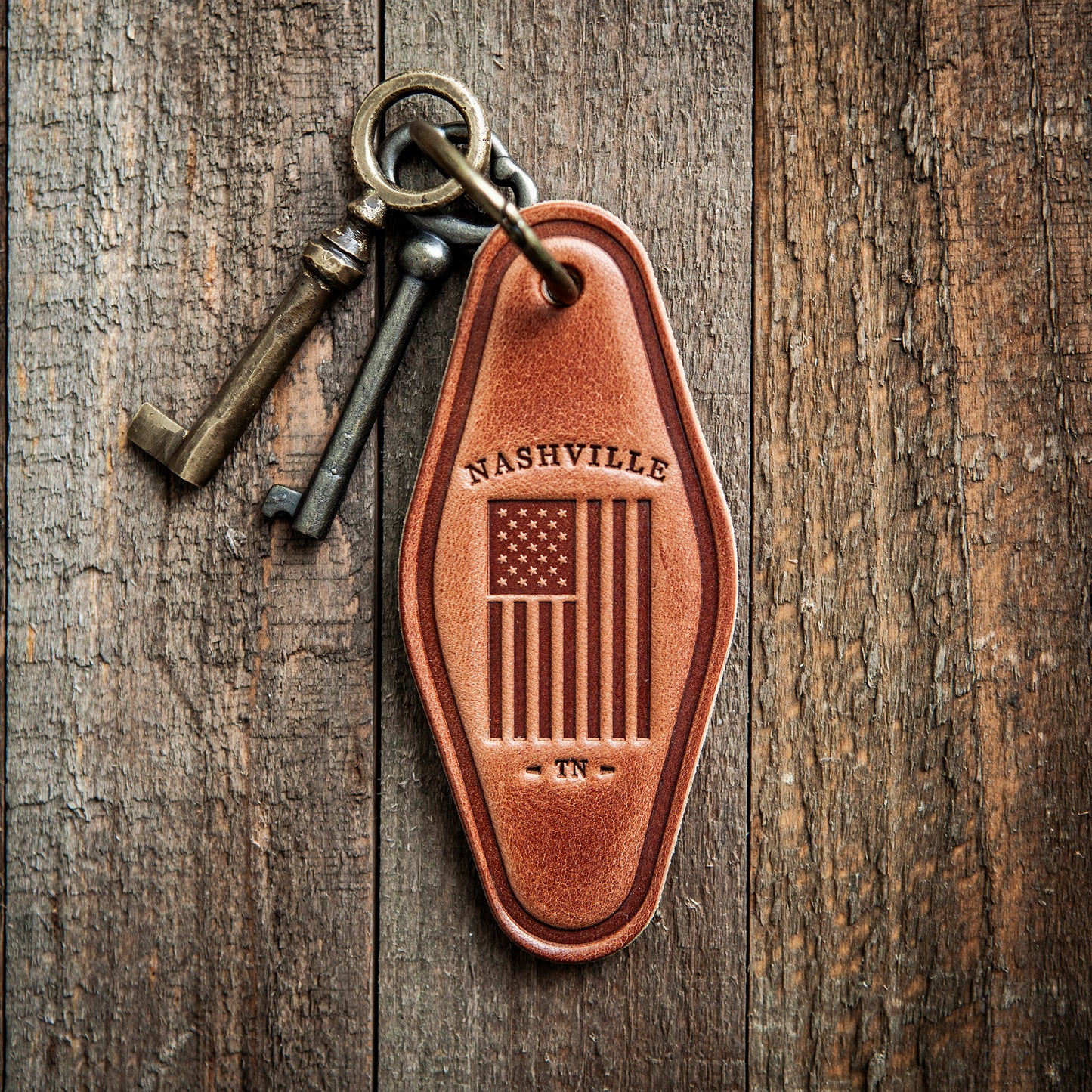 Nashville Tennessee American Flag Leather Keychain Motel Style