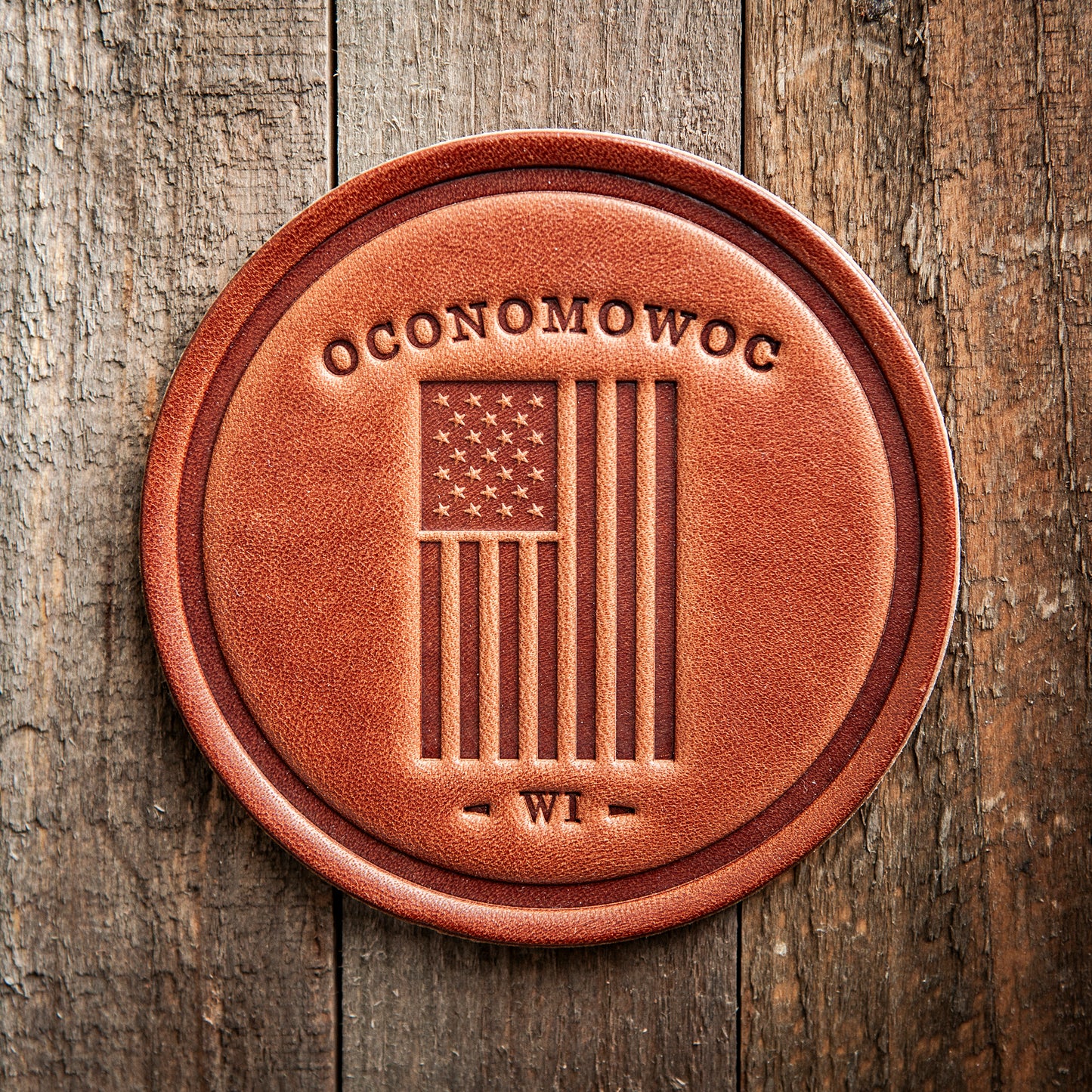 Oconomowoc Wisconsin American Flag Leather Coaster