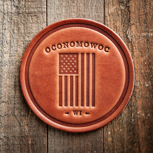 Oconomowoc Wisconsin American Flag Leather Coaster