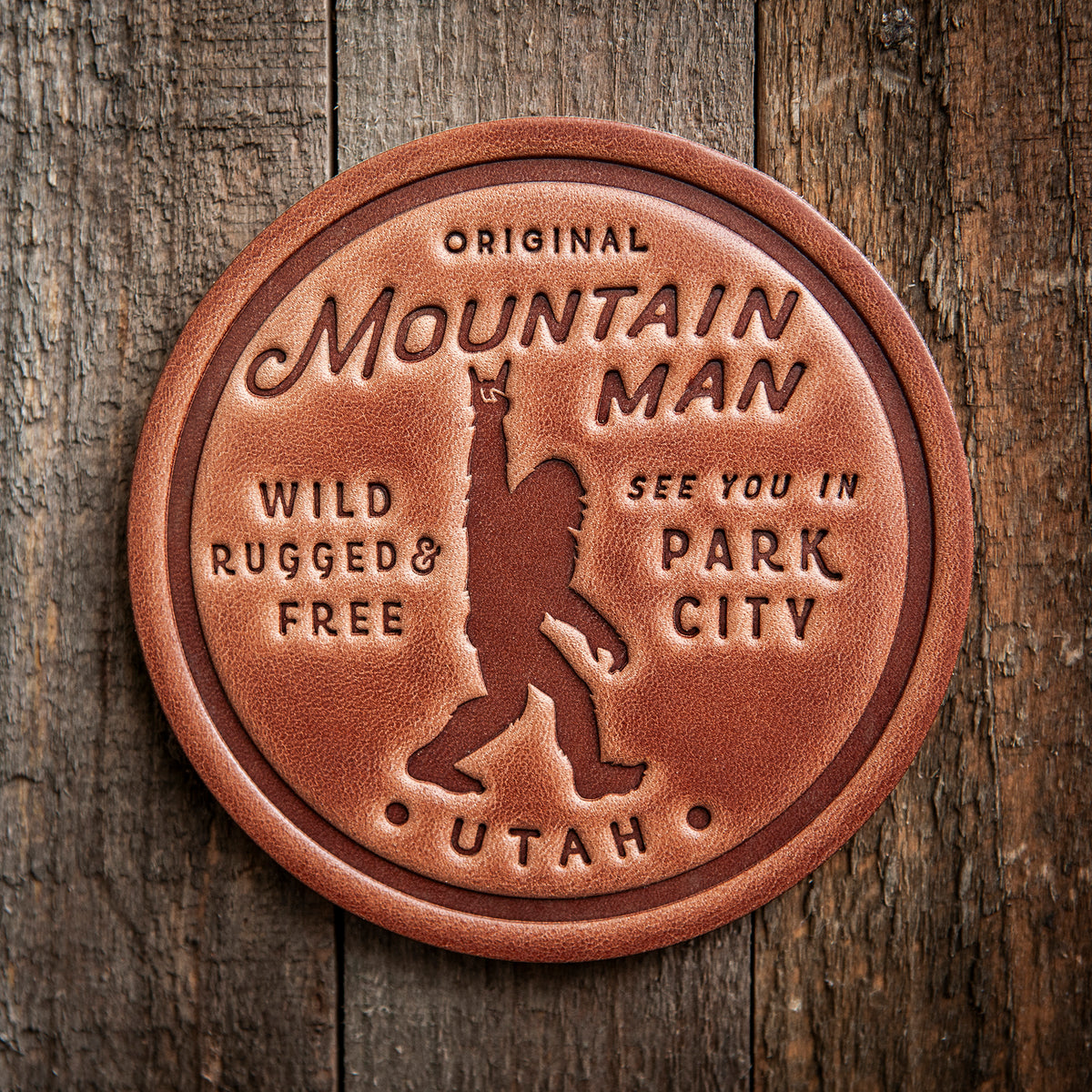 Park City Utah Mountain Man Big Foot Sasquatch Leather Coaster