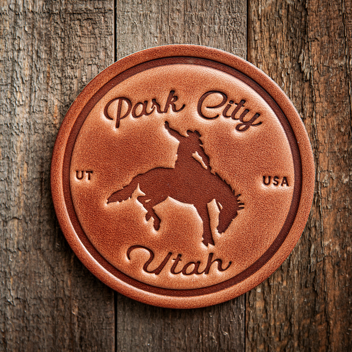 Park City Utah Bronco Leather Coaster