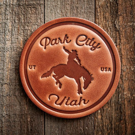 Park City Utah Bronco Leather Coaster