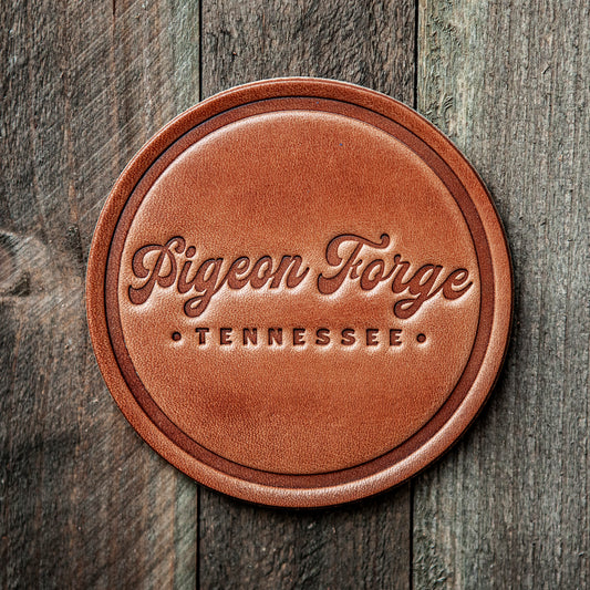 Pigeon Forge Tennessee Script Leather Coaster