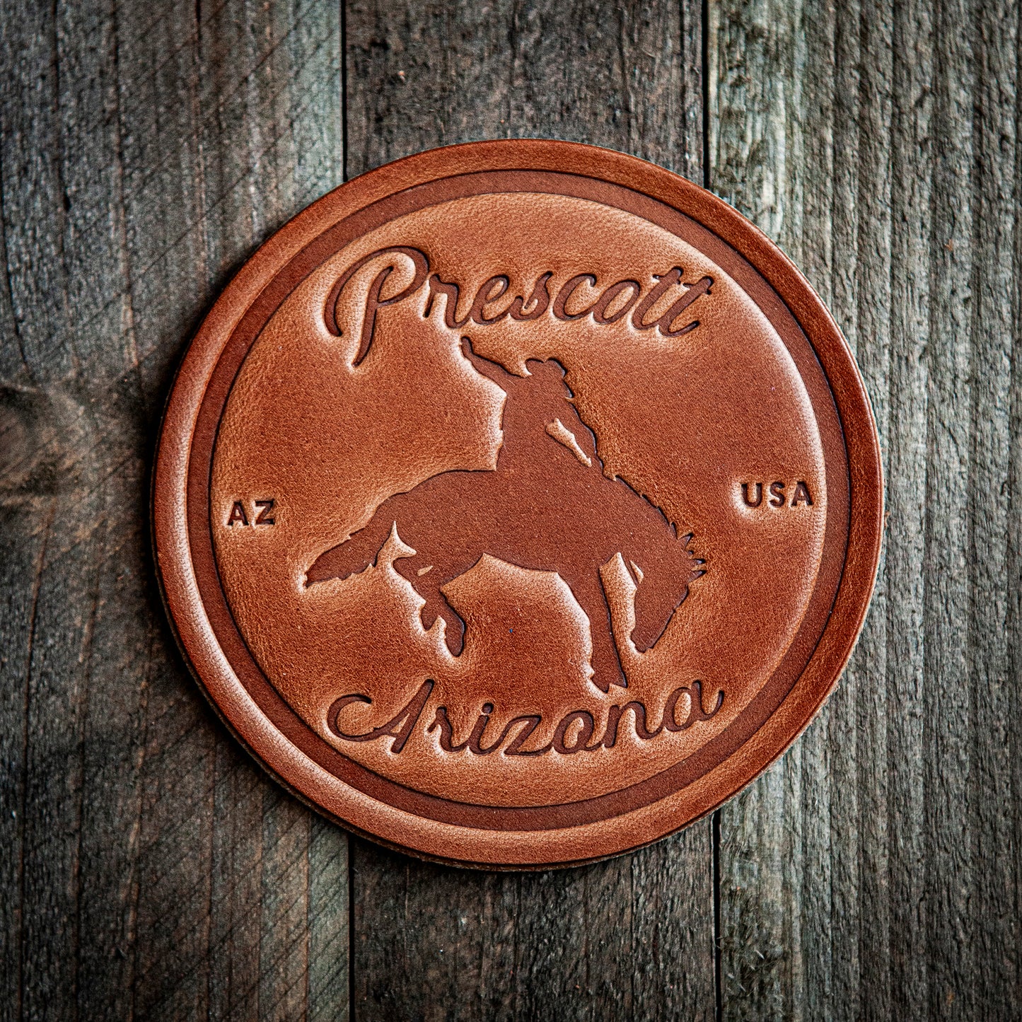 Prescott Arizona Bronco Leather Coaster