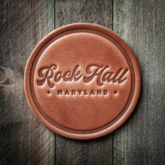 Rock Hall Maryland Script Leather Coaster