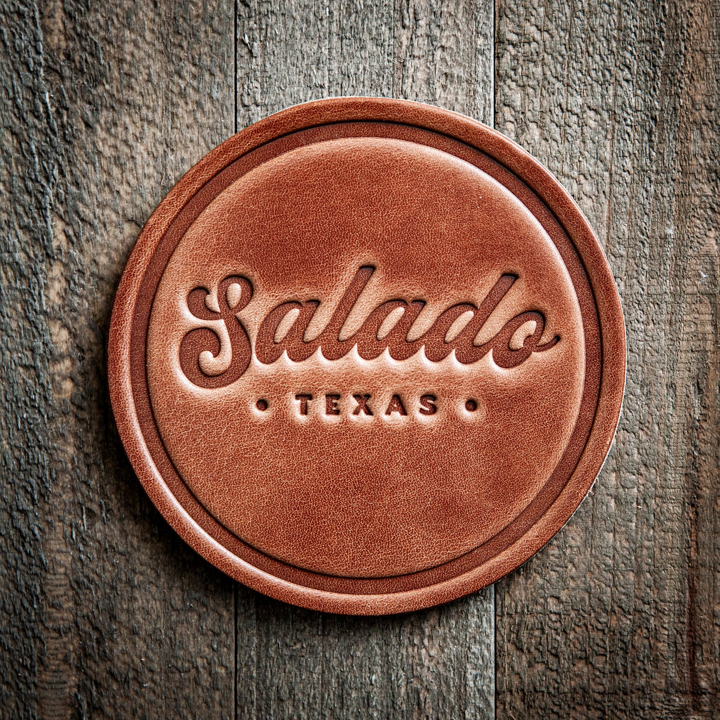 Salado Texas Script Leather Coaster