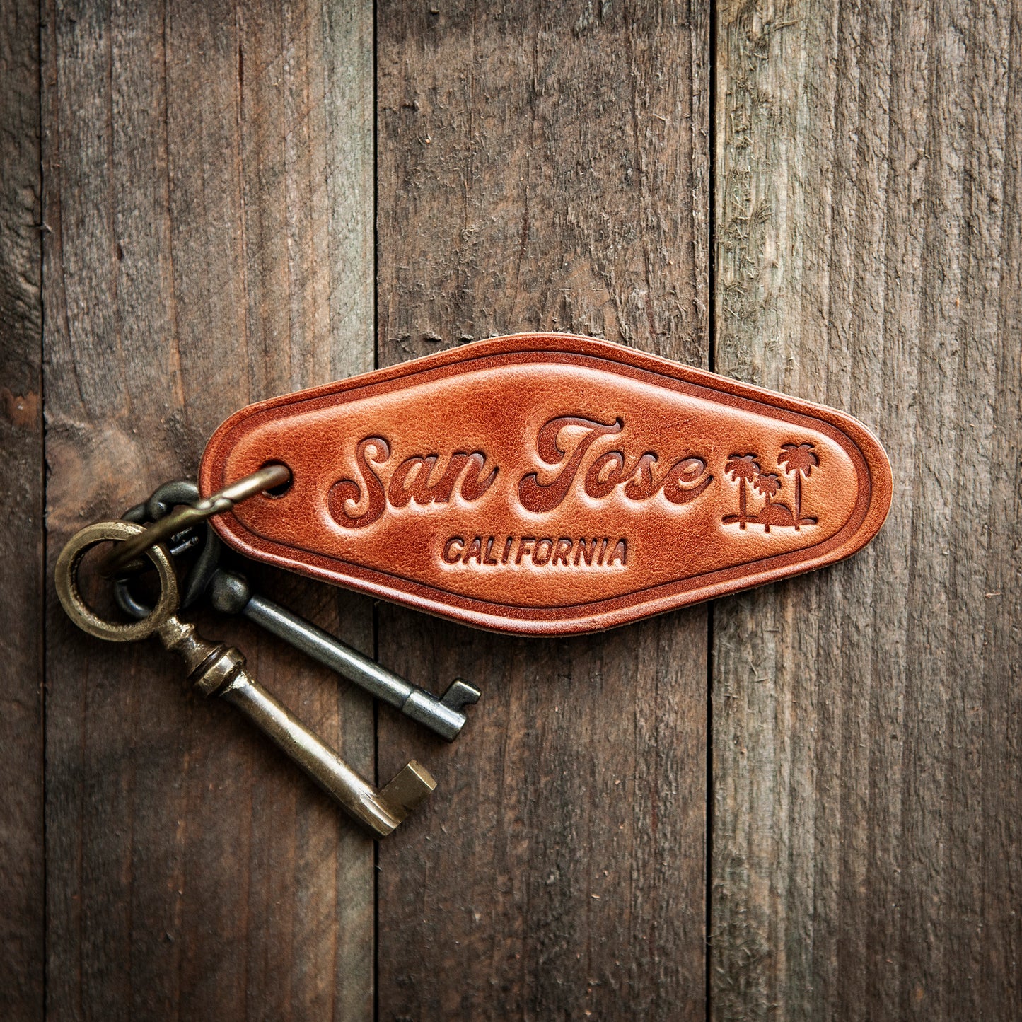 San Jose California Script Leather Keychain Motel Style