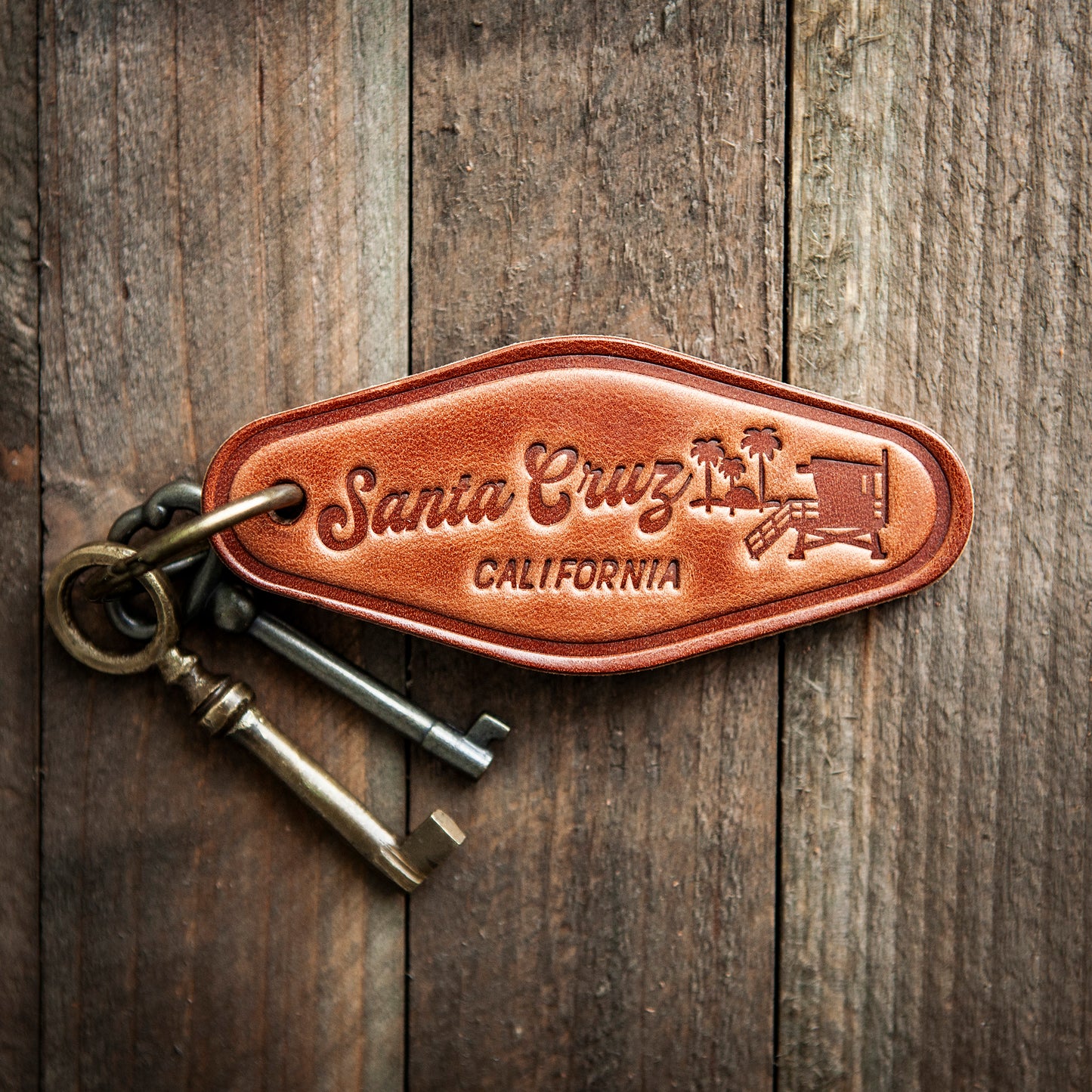 Santa Cruz California Script Leather Keychain Motel Style