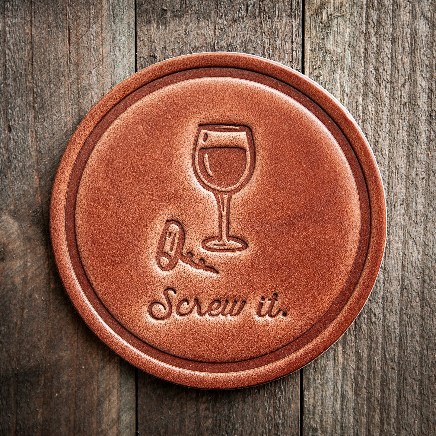 Screw It Wine Glass Corkscrew Leather Coaster