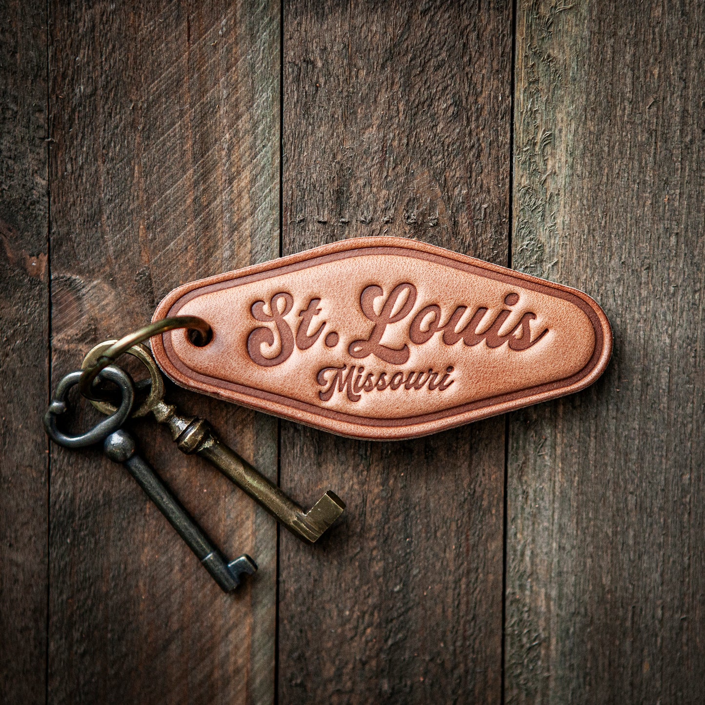 St. Louis Missouri Script Leather Keychain Motel Style