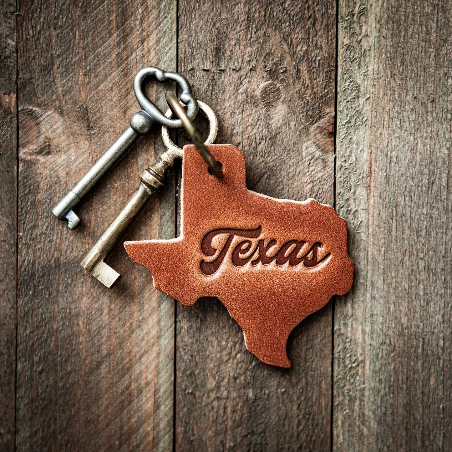 Texas Silhouette Script Leather Keychain Texas Style