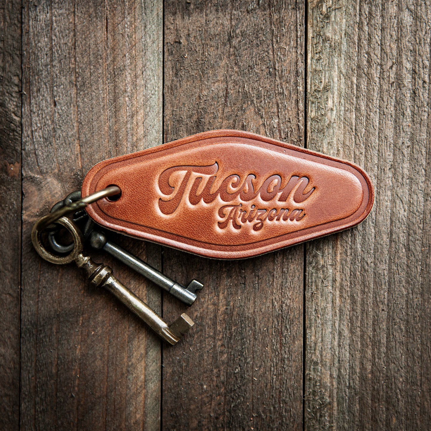 Tucson Arizona Script Leather Keychain Motel Style