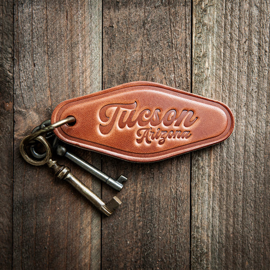 Tucson Arizona Script Leather Keychain Motel Style