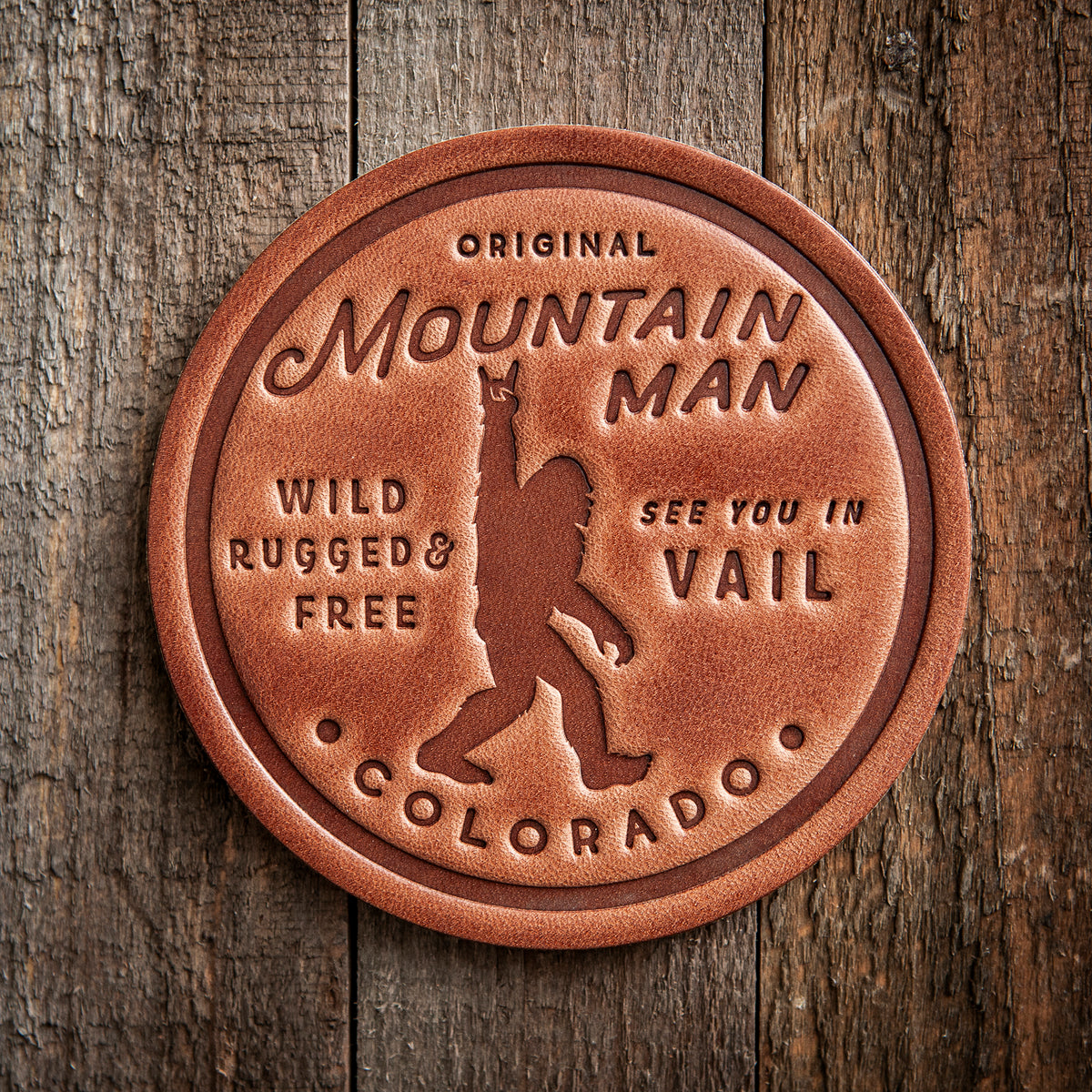 Vail Colorado Mountain Man Big Foot Sasquatch Leather Coaster